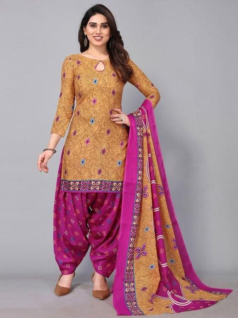 skylee brown & pink printed kurti salwar set with dupatta