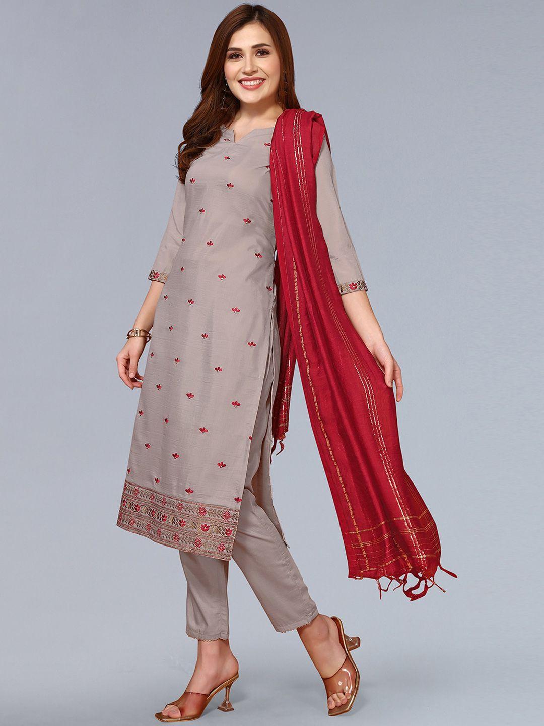 skylee brown & red floral embroidered regular straight kurta & trousers with dupatta