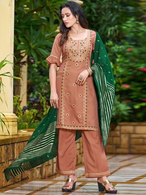 skylee brown embroidered kurta pant set with dupatta