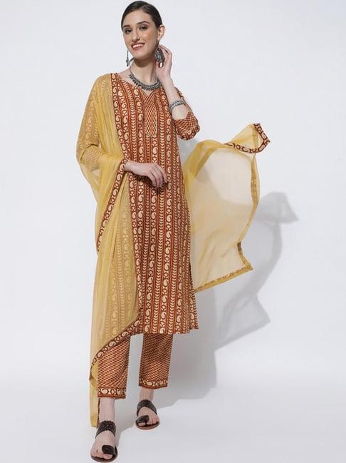 skylee brown printed kurta pant set with dupatta