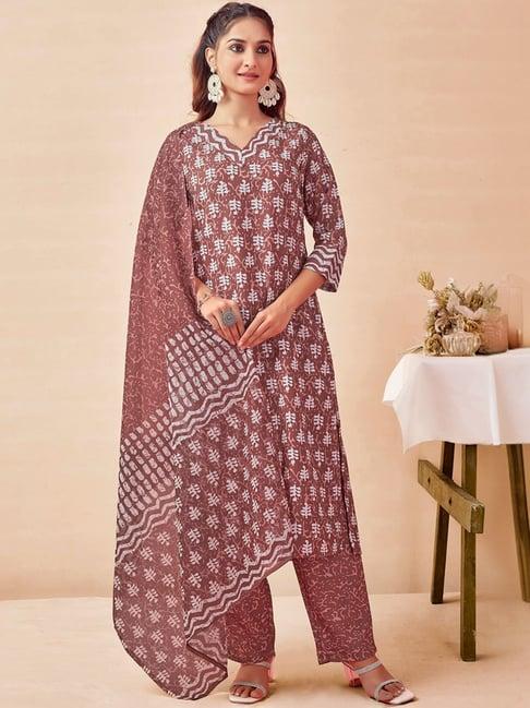 skylee chestnut brown printed kurta pant set with dupatta