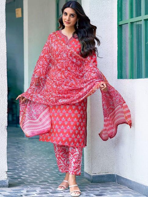 skylee coral red printed kurta pant set with dupatta