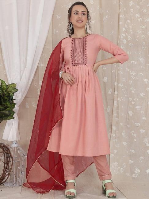 skylee dusty pink & red embroidered kurta pant set with dupatta