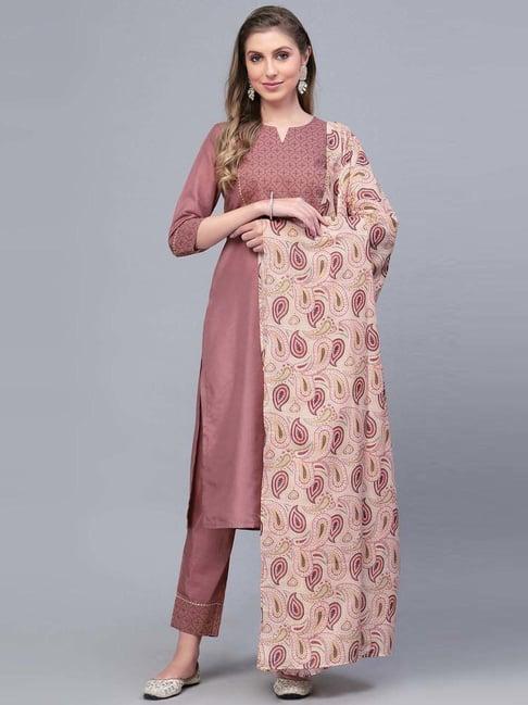 skylee dusty pink printed kurta pant set with dupatta