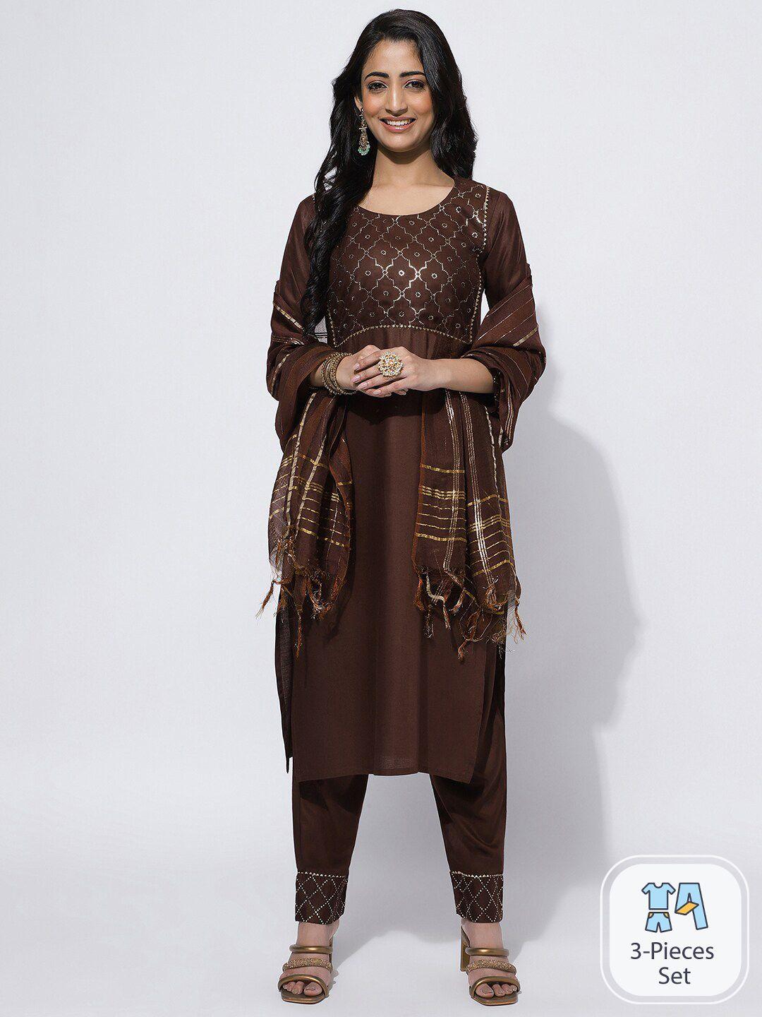 skylee ethnic motifs printed gotta patti straight kurta with trousers & dupatta