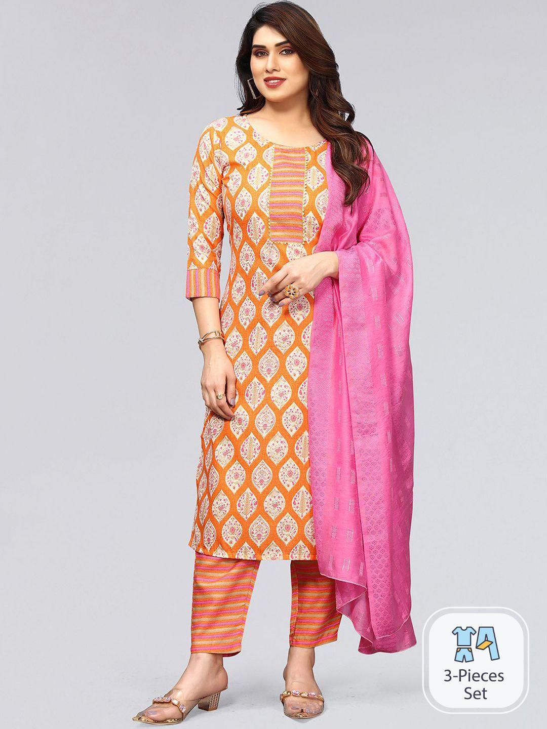skylee ethnic motifs printed gotta patti straight kurta with trousers & with dupatta