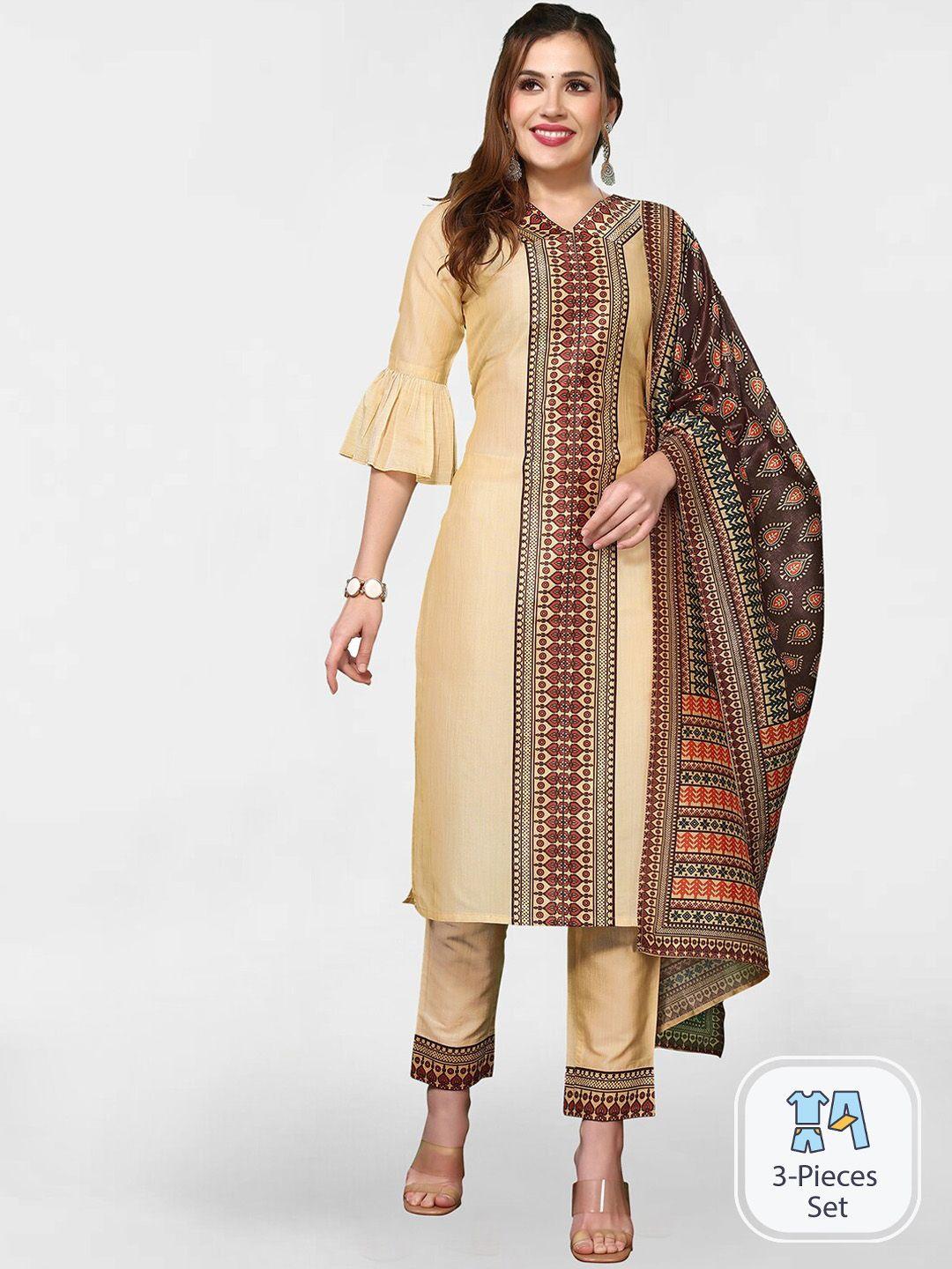 skylee ethnic motifs printed straight kurta with trousers & dupatta