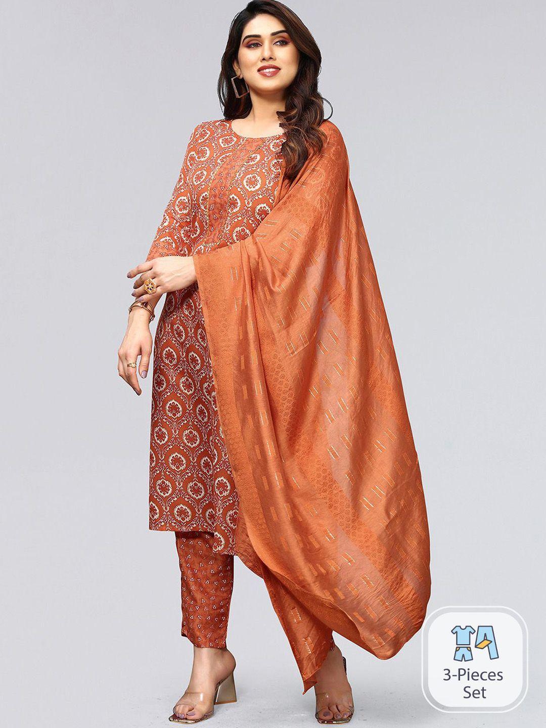 skylee ethnic motifs straight kurta with trousers & dupatta