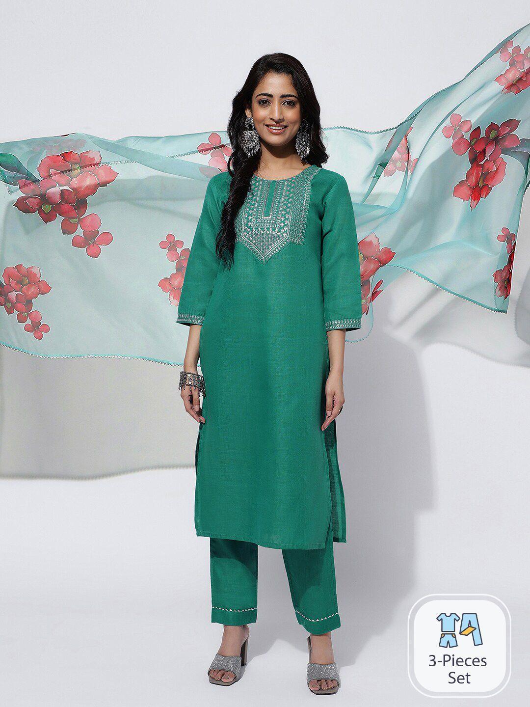 skylee floral embroidered regular sequined straight kurta with trousers & dupatta