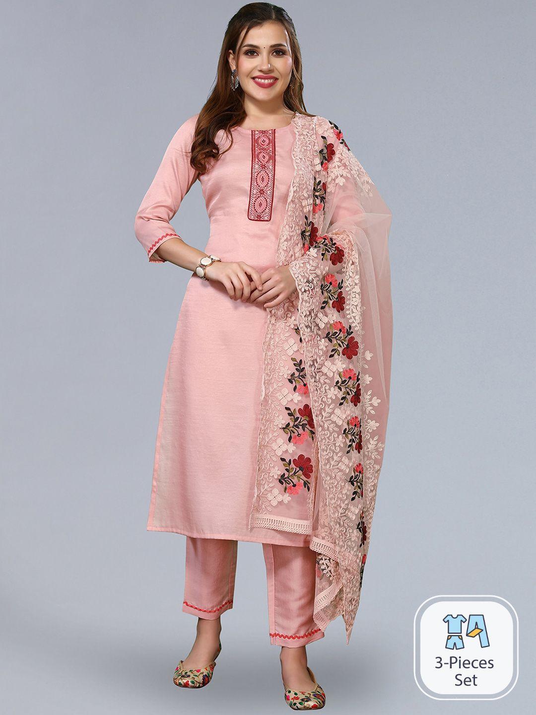 skylee floral embroidered straight kurta with trousers & dupatta