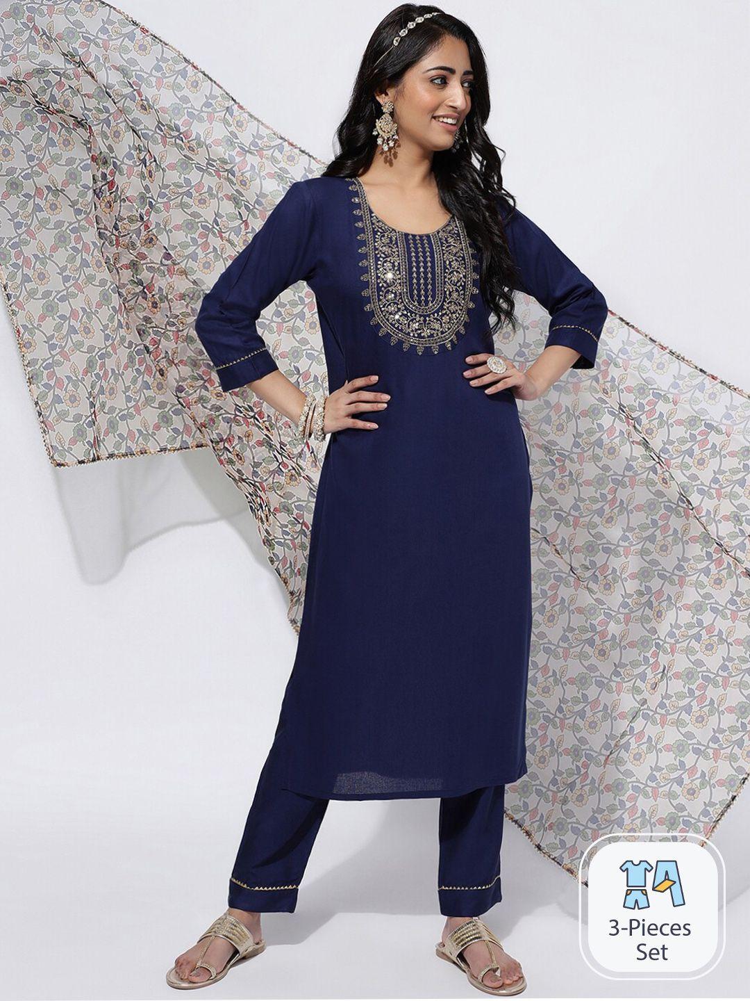 skylee floral embroidered yoke design straight kurta with trousers & dupatta