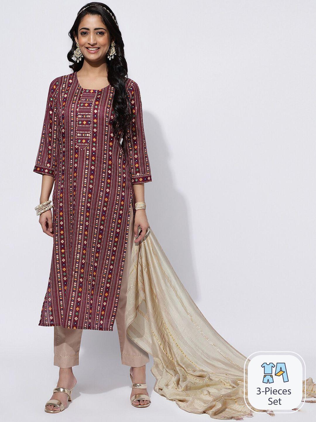 skylee geometric printed straight kurta & trousers with dupatta