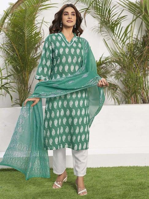 skylee green & white cotton printed kurta pant set with dupatta