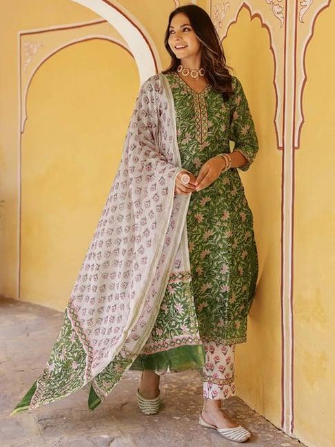 skylee green & white printed kurta pant set with dupatta