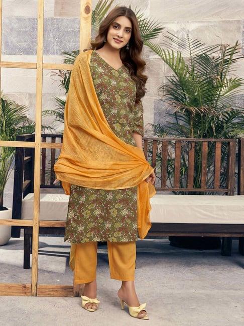 skylee green & yellow cotton printed kurta pant set with dupatta