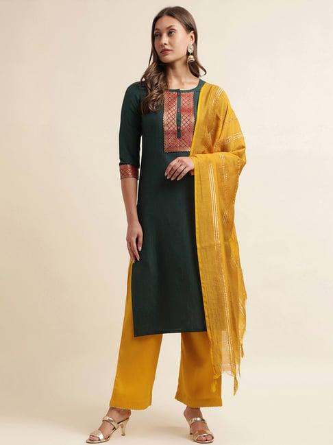 skylee green & yellow woven pattern kurta pant set with dupatta