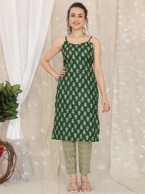 skylee green cotton printed kurta pant set