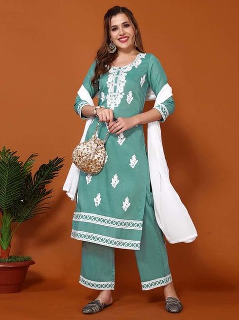 skylee green embroidered kurta pant set with dupatta