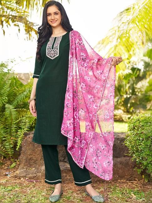 skylee green embroidered kurta pant set with dupatta