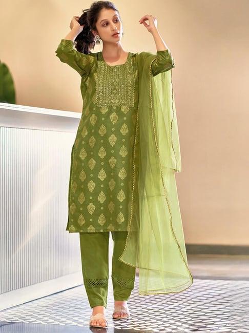 skylee green embroidered kurta pant set with dupatta