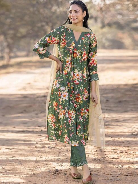 skylee green floral print kurta pant set with dupatta