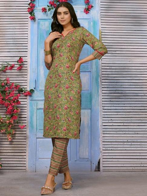 skylee green floral print kurta pant set