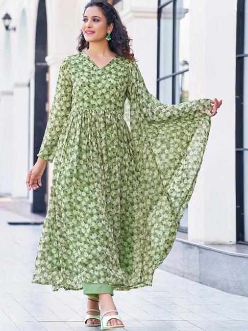 skylee green printed kurta pant set with dupatta