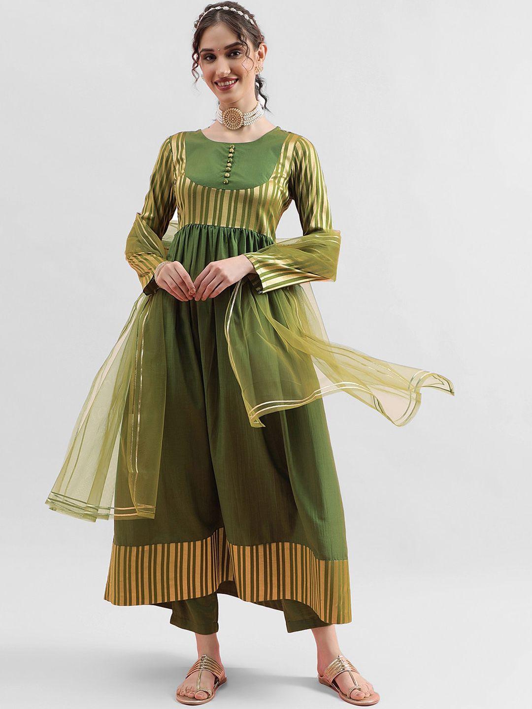 skylee green striped woven design zari empire kurta with trousers & dupatta