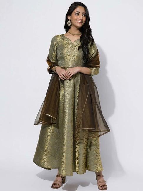 skylee grey & golden printed kurta pant set with dupatta