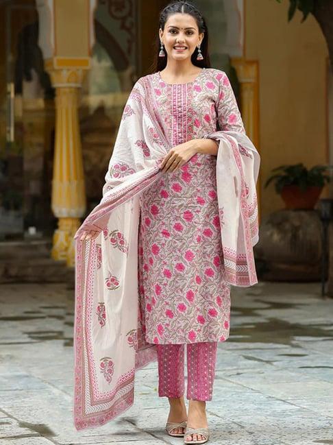 skylee grey & pink floral print kurta pant set with dupatta