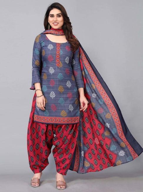 skylee grey & red printed kurti salwar set with dupatta