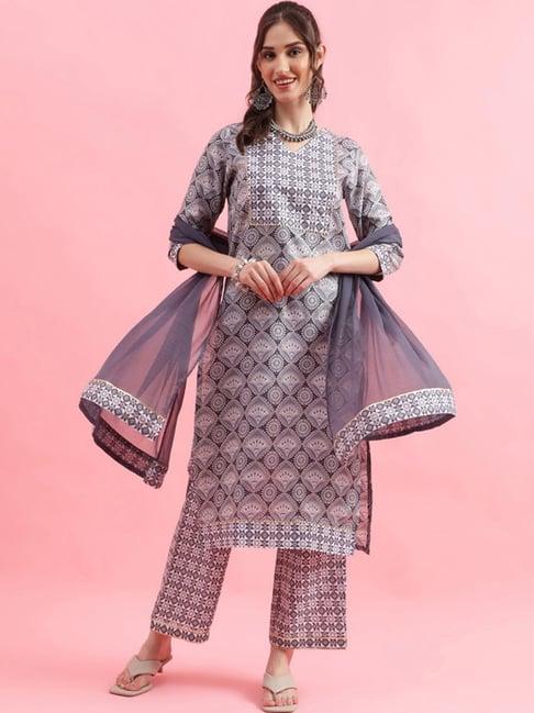 skylee grey printed kurta pant set with dupatta