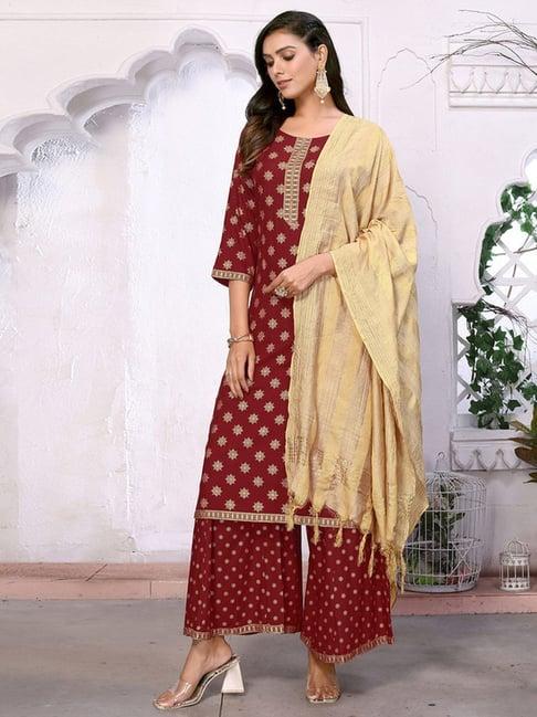 skylee maroon & beige printed kurta palazzo set with dupatta