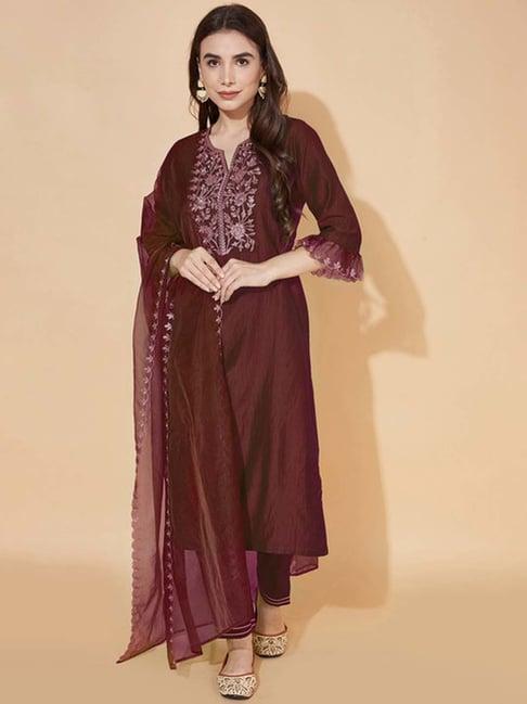 skylee maroon embroidered kurta pant set with dupatta