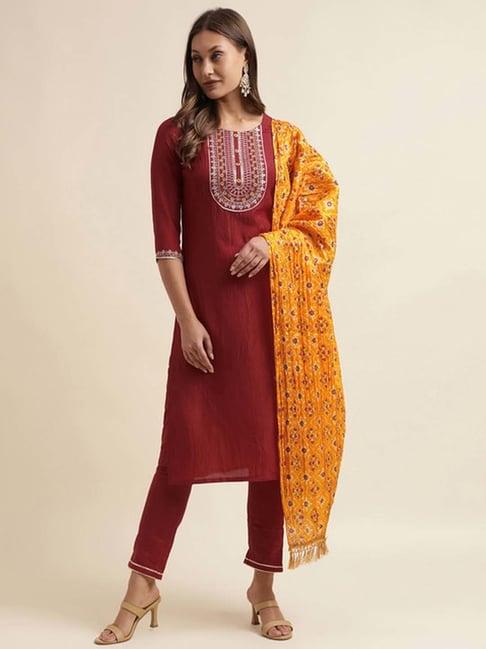 skylee maroon embroidered kurta pant set with dupatta