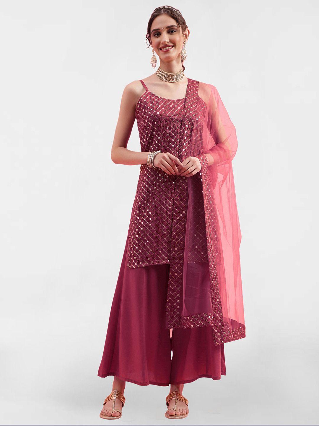 skylee maroon embroidered shoulder straps sequinned straight kurta with palazzos & dupatta