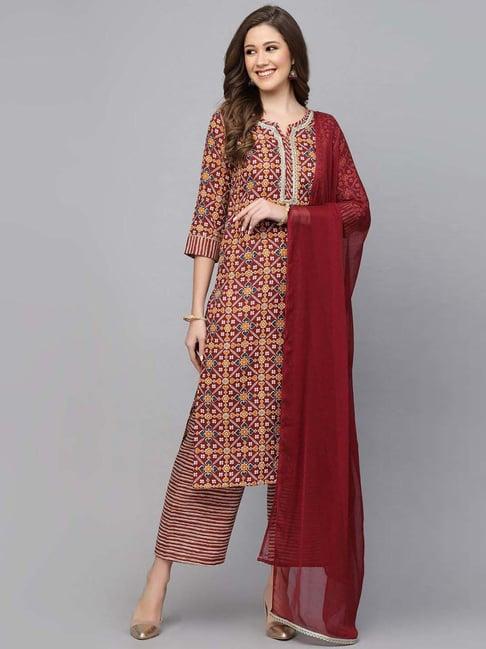 skylee maroon printed kurta palazzo set with dupatta