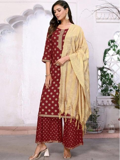 skylee maroon printed kurta palazzo set with dupatta