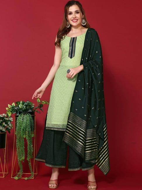 skylee mint green embroidered kurta palazzo set with dupatta