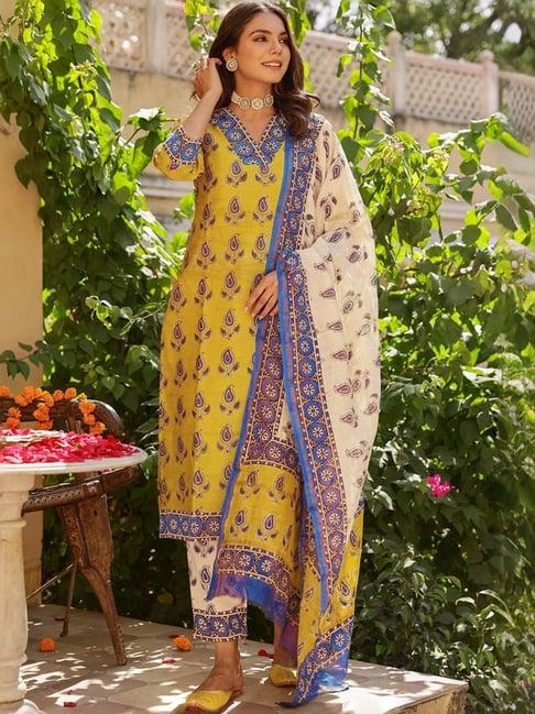 skylee mustard & white printed kurta pant set with dupatta