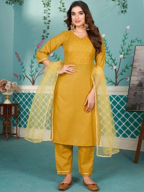 skylee mustard embroidered kurta pant set with dupatta