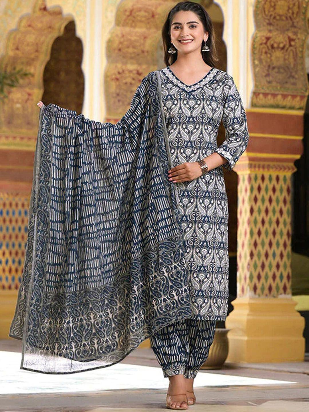 skylee navy blue & off white paisley printed v-neck straight kurta & salwar with dupatta