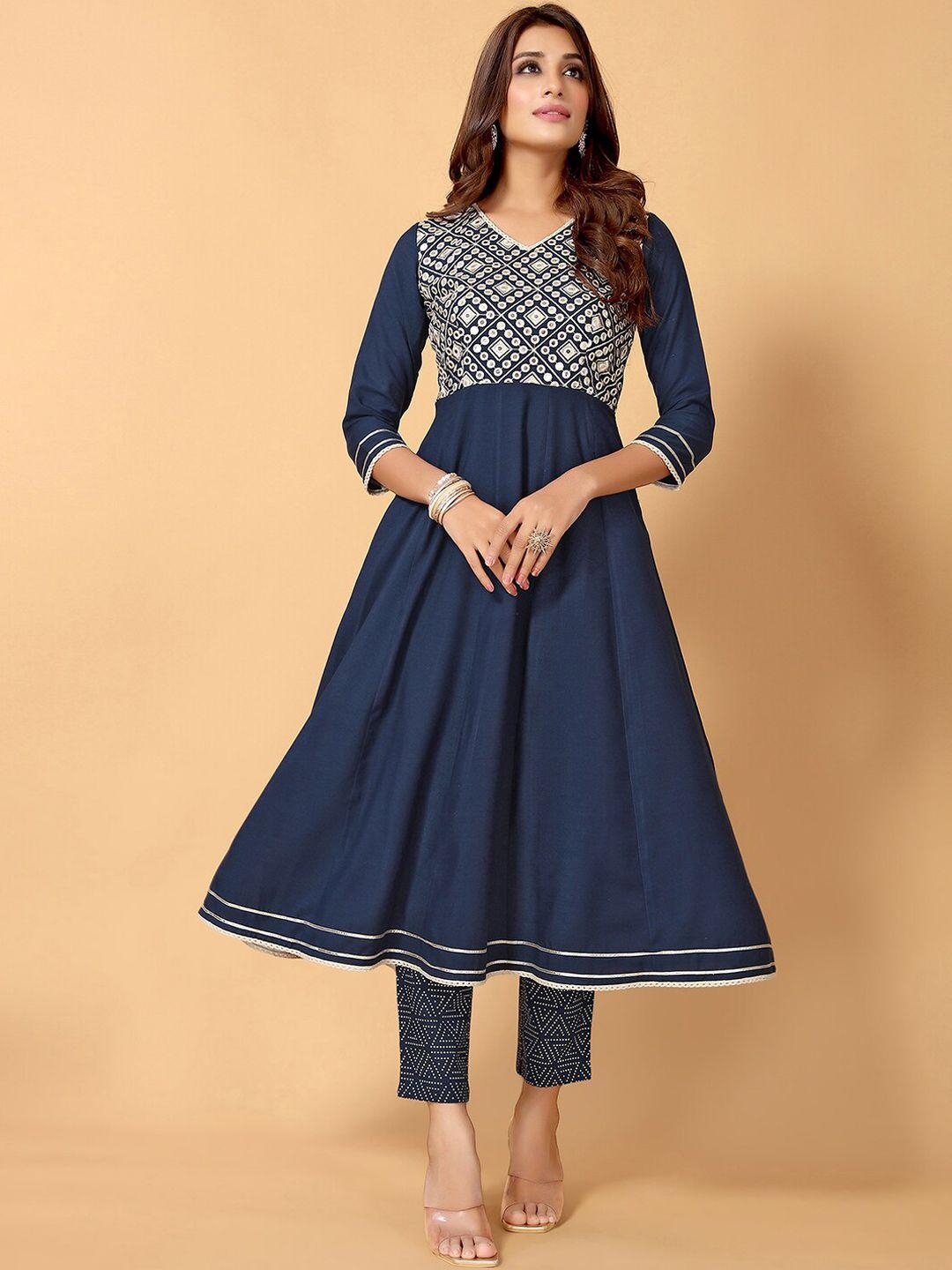 skylee navy blue & white embroidered mirror work kurta with trousers & dupatta