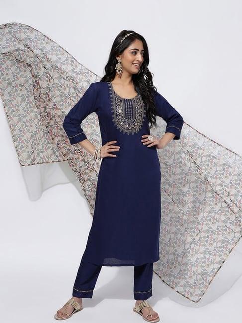 skylee navy embellished kurta pant set with dupatta