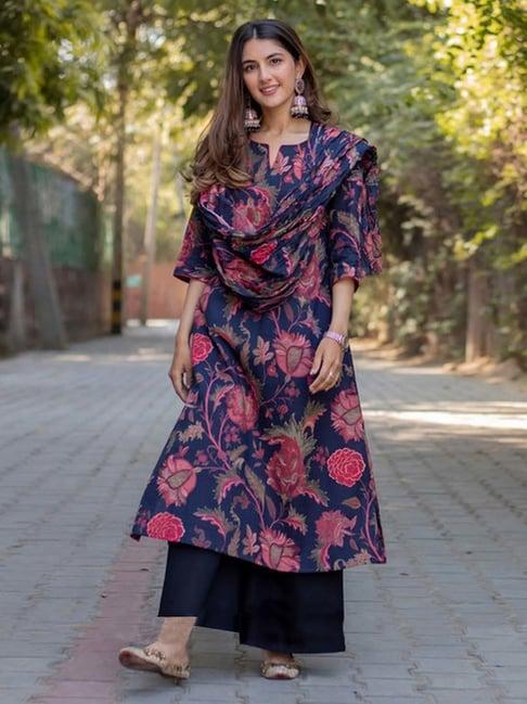 skylee navy printed kurta palazzo set with dupatta