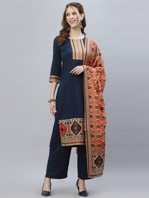 skylee navy printed kurta palazzo set with dupatta