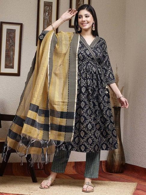 skylee navy printed kurta pant set with dupatta