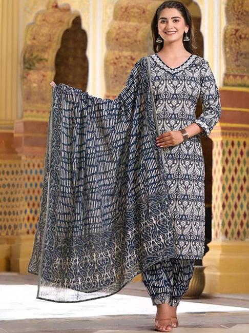 skylee navy printed kurta salwar set with dupatta