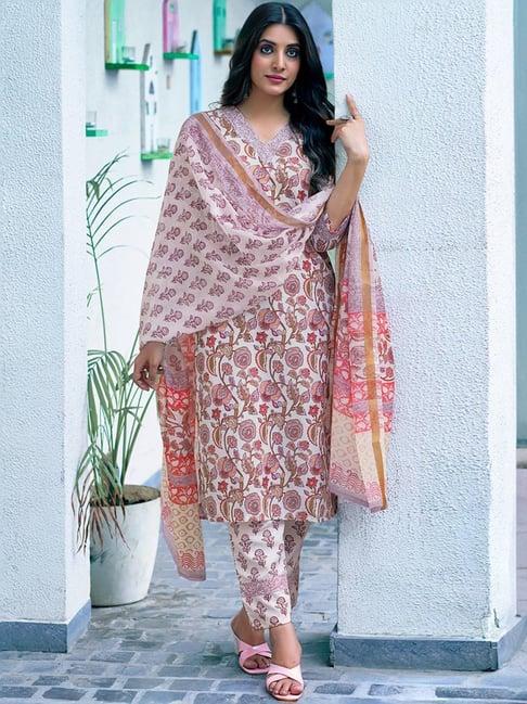skylee off-white floral print kurta pant set with dupatta