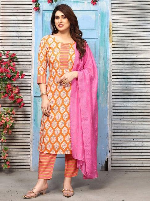 skylee orange & pink printed kurta pant set with dupatta